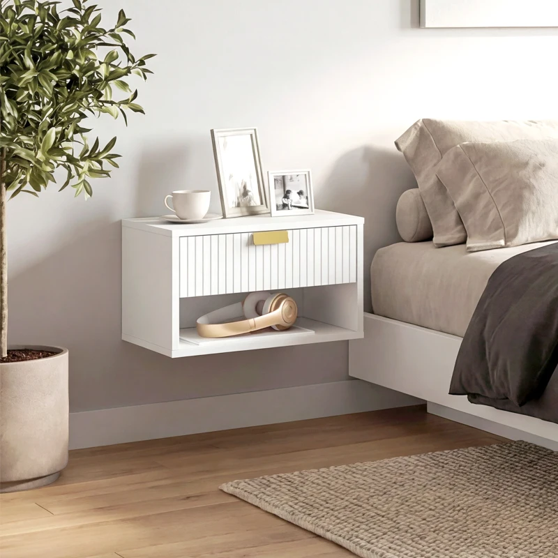 HOMCOM Set di 2 Comodini Sospesi con Cassetto Decorato e Mensola Aperta, Bianco