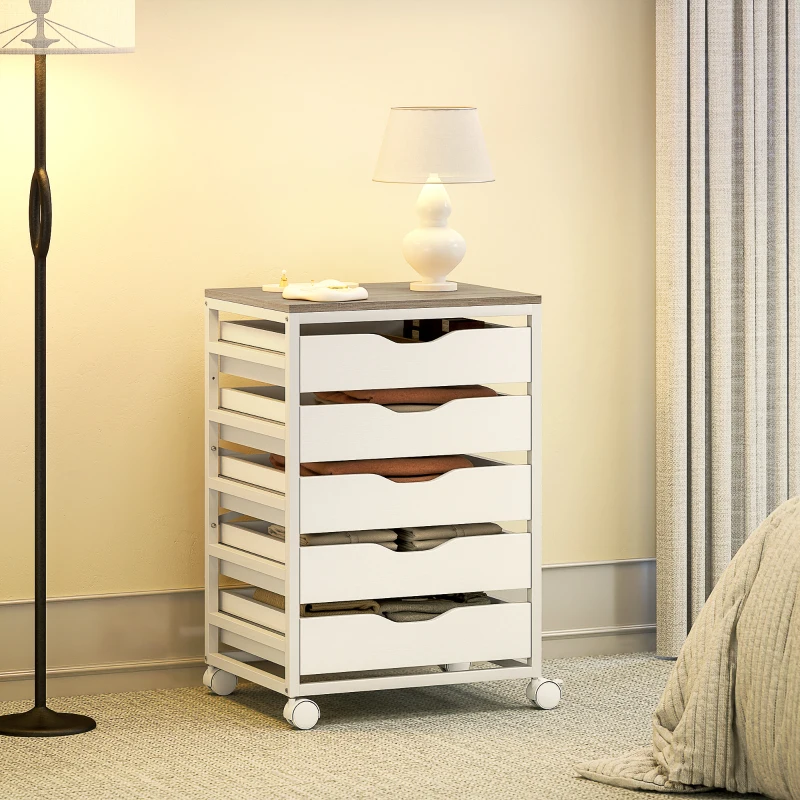 HOMCOM Caisson bureau mobile, meuble rangement sur roulettes bois avec 5 tiroirs, poignées encochées, 50 x 40 x 74,5 cm , blanc