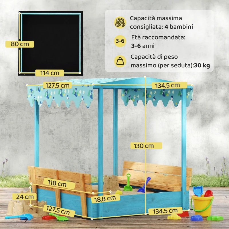 AIYAPLAY Sabbiera per Bambini 3-6 Anni con Tettuccio Dinosauri, Sedute Pieghevoli, Coperchio e Fodera Inclusa, Sabbionaia per Bambini in Legno di Abete, 134.5x127.5x130 cm, Blu