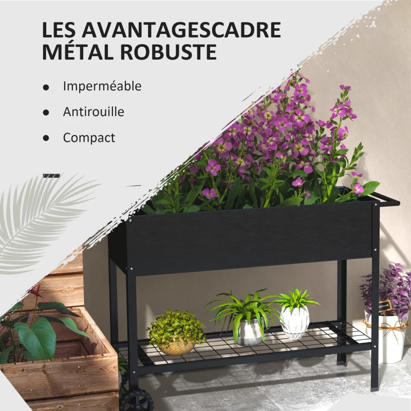 Outsunny Raised Garden Planter on Legs dim. 109L x 39l x 80H cm Shelf 2 Wheels + Irrigation Insert Metal Black