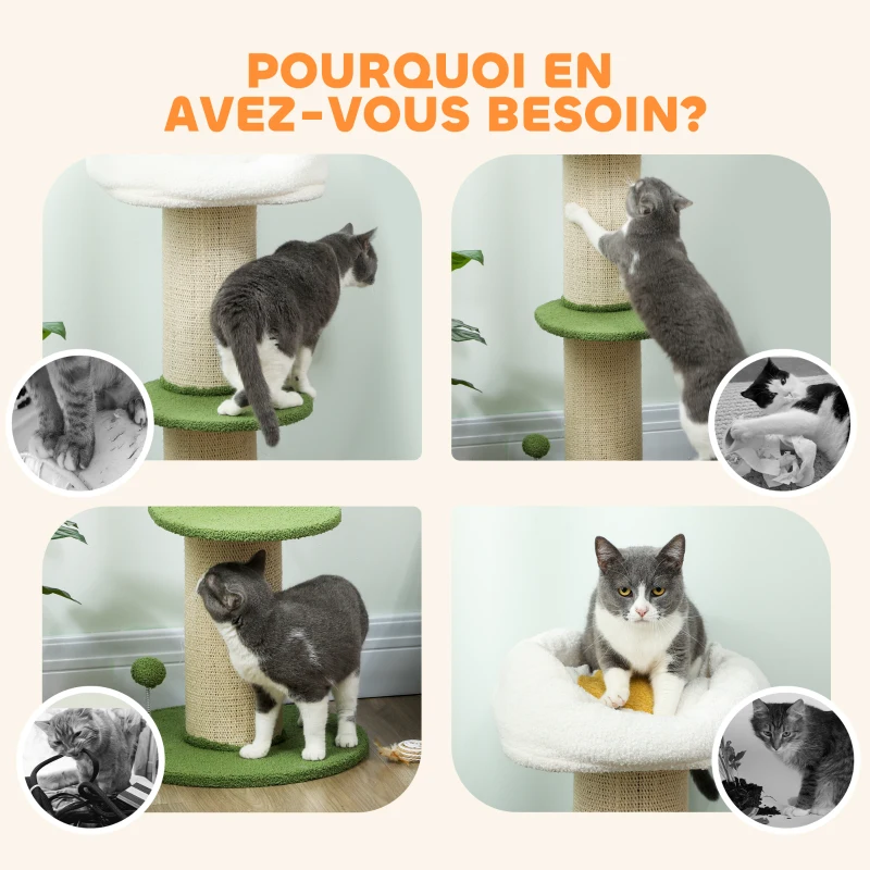PawHut Arbre à chat à fleurs à 3 niveaux, tonneau à gratter pour chats plateforme et balle poteau en sisal, Ø 45 x 92 cm, vert