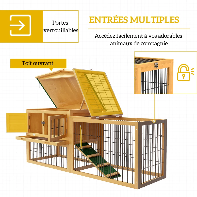PawHut Clapier de sol cage à lapin niche supérieure avec rampe enclos extérieur porte verrouillable 150 x 52,5 x 68 cm jaune