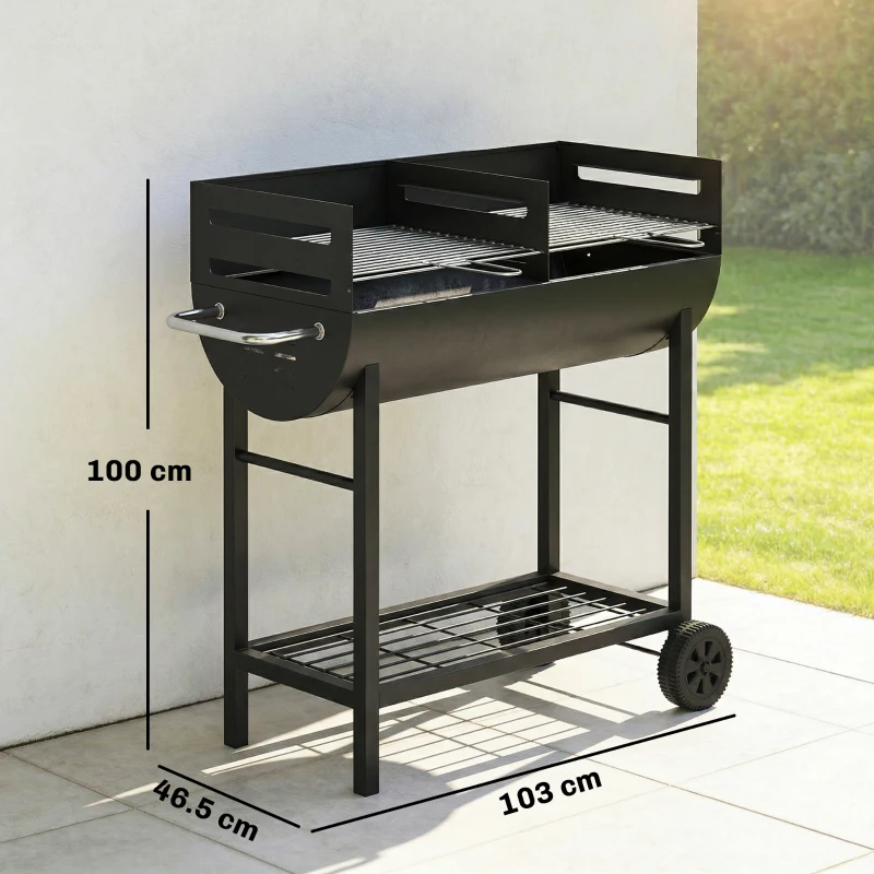 Outsunny Grătar pe cărbune cărucior cu 2 zone de gătit grilă reglabilă pe înălțime raft pentru lemne roți mâner lateral, 103 x 46,5 x 100cm