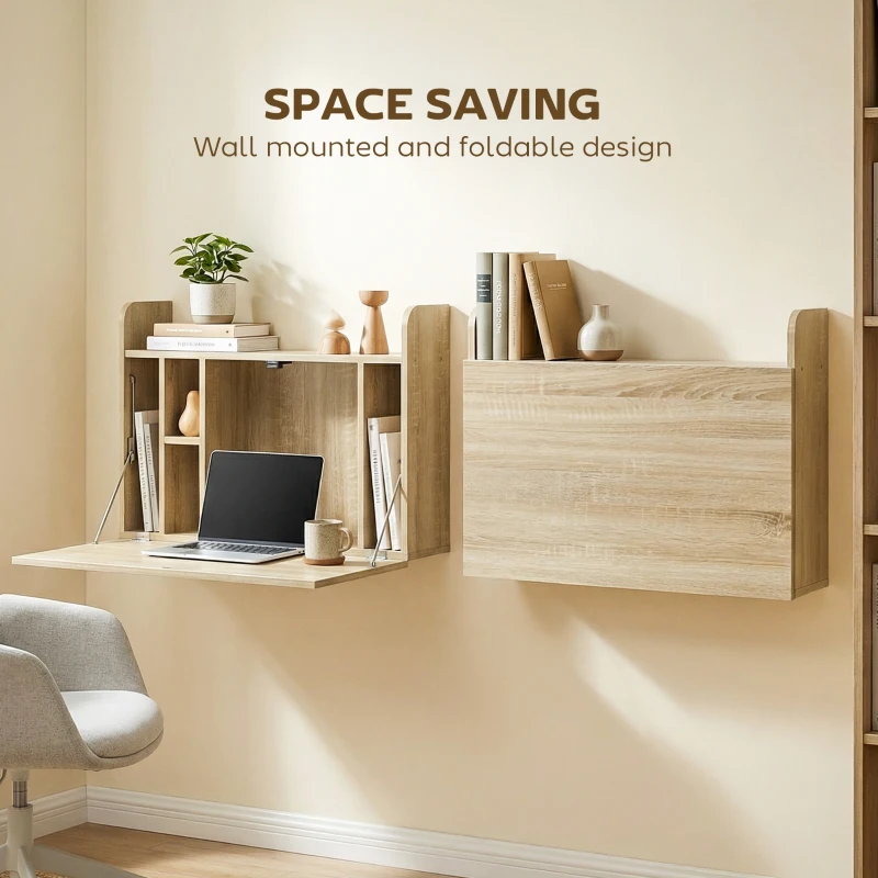 HOMCOM Wall Mounted Desk, Drop Leaf Floating Laptop Desk with Space Saving Storage Compartments for Home Office, Oak
