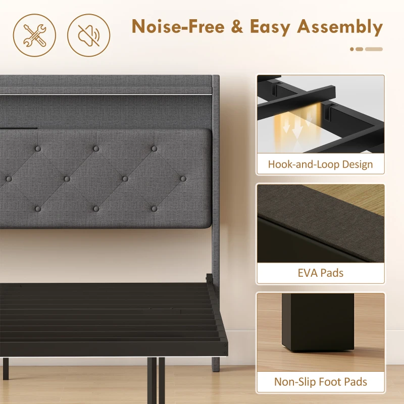 HOMCOM Floating Bed Frame, Upholstered 4ft6 Double Size Bed, Platform Bed with RGB LED Lights and Charging Station, Grey