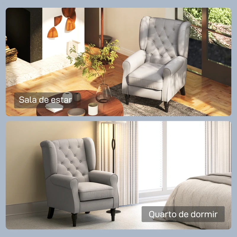 HOMCOM Poltrona de Sala com Apoios de Braços e Pés de Madeira Carga 160 kg para Quarto Escritório Sala de Estar 74x86x102 cm Cinzento