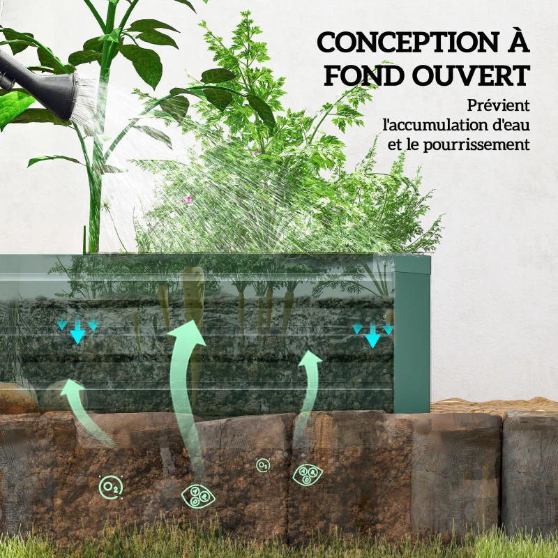 Outsunny Carré potager rectangulaire, lit de jardin surélevé en acier galvanisé, fond ouvert, 240 x 60 x 30 cm, vert