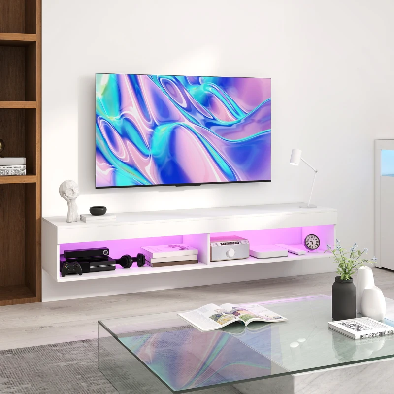 HOMCOM Meuble TV suspendu mural avec éclairage LED pour téléviseurs jusqu'à 75 pouces, étagères, 180L x 40l x 30H cm, blanc