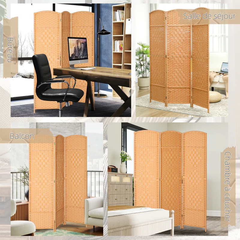 HOMCOM Paravent intérieur en bois 3 panneaux séparateur de pièce pliable pour salon chambre 135 x 180 cm brun clair
