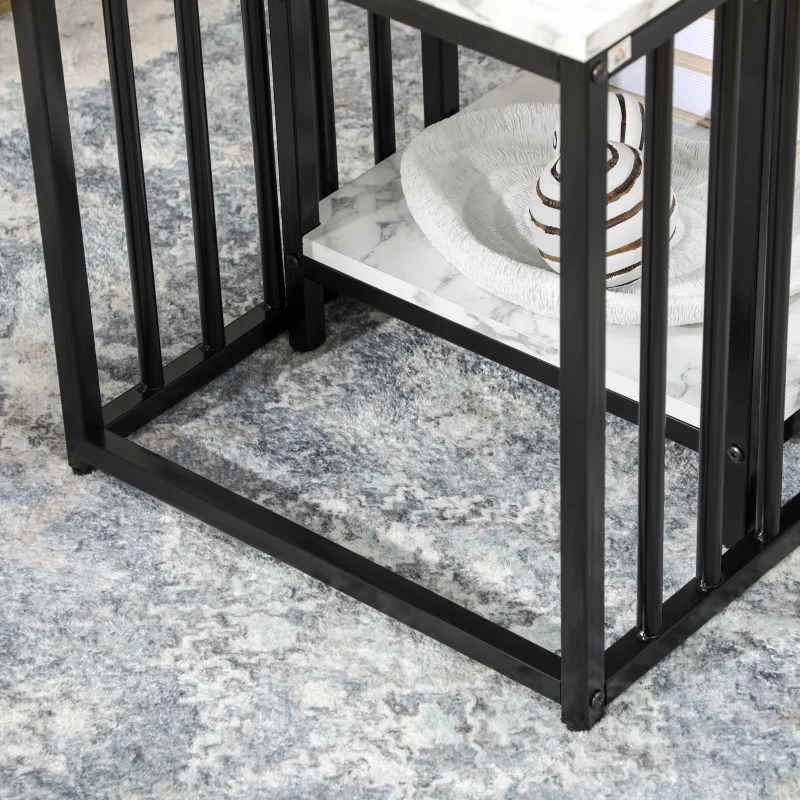 HOMCOM Set of 2 side tables nesting stackable coffee tables with marble-effect wood-look top black metal frame