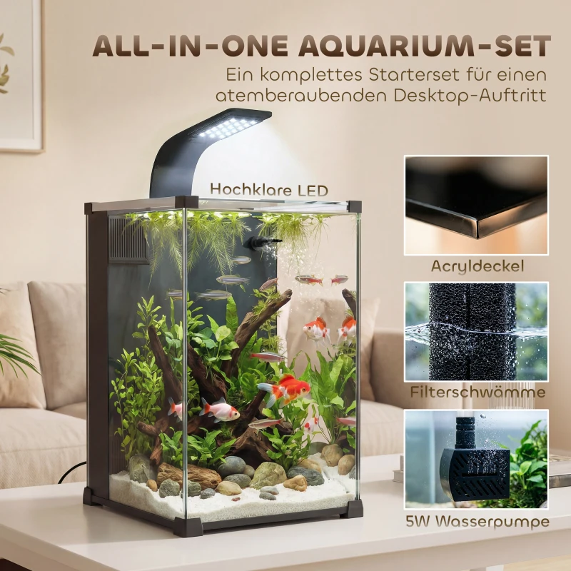 PawHut Aquarium Komplettset 36L Nano Aquarium mit LED-Beleuchtung Filtersystem Pumpe Zirkulation 30 x 30 x 45,5 cm Schwarz