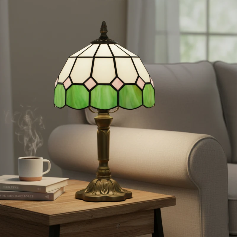 HOMCOM Handmade Art Deco Glass Table Lamp - White/Green