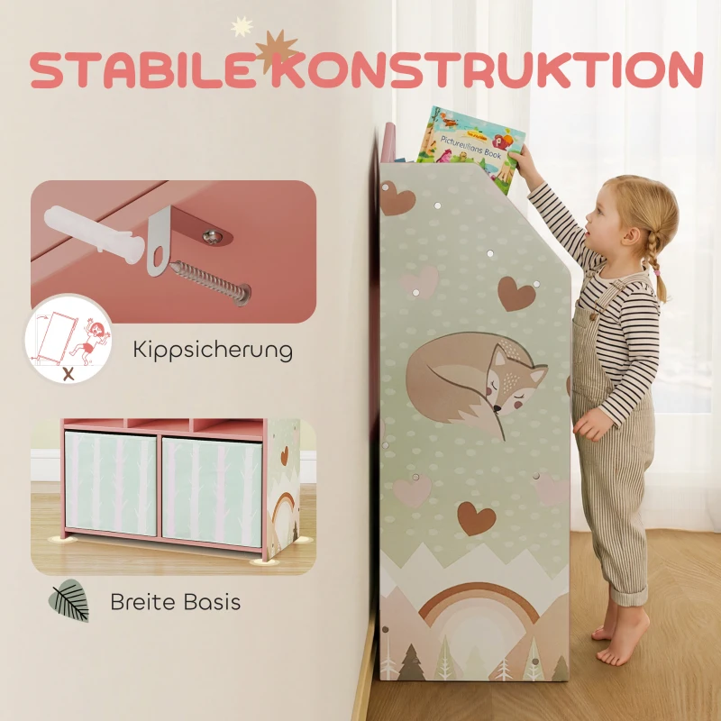 AIYAPLAY Kinderboekenkast met 2 stoffen lades open rek voor 3-8 Jahre 62,5x30x91,5 cm Roze