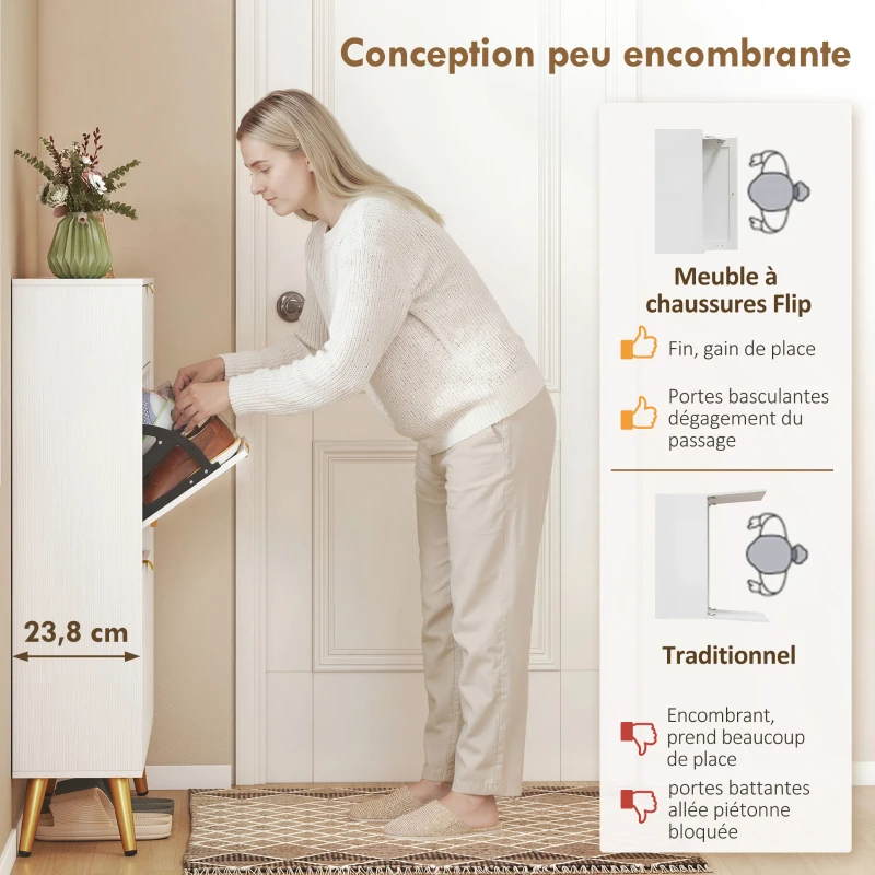 HOMCOM Meuble à chaussures 12 paires, armoire à chaussures, 2 tiroirs rabattables, 4 compartiments, 99,4x23,8x106,6cm, blanc