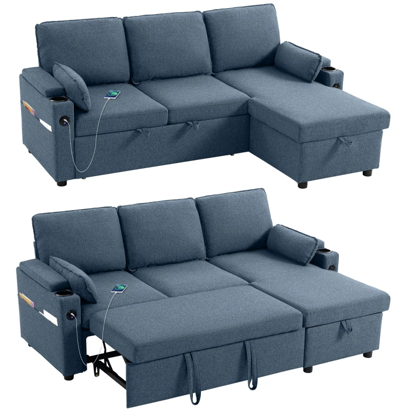HOMCOM Corner Sofa Bed, L Shaped Sleeper Sectional Sofa with Reversible Storage Chaise, Blue
