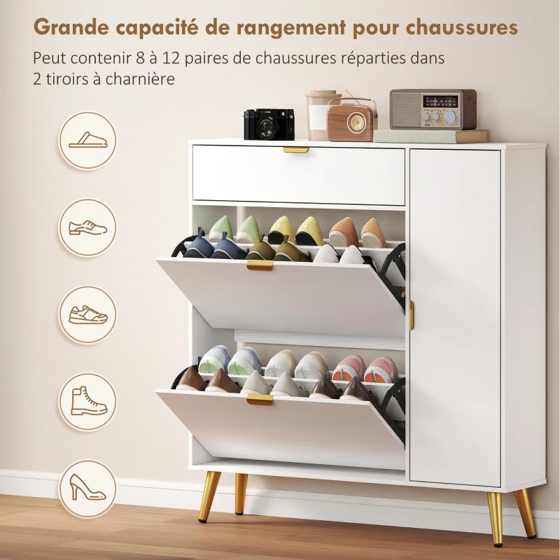 HOMCOM Meuble à chaussures 12 paires, armoire à chaussures, 2 tiroirs rabattables, 4 compartiments, 99,4x23,8x106,6cm, blanc