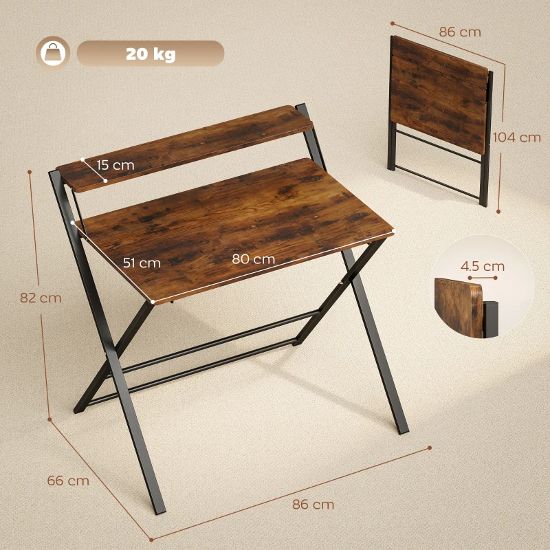 HOMCOM Compact Folding Desk for Small Spaces with Storage Shelf for Home Office, Rustic Brown