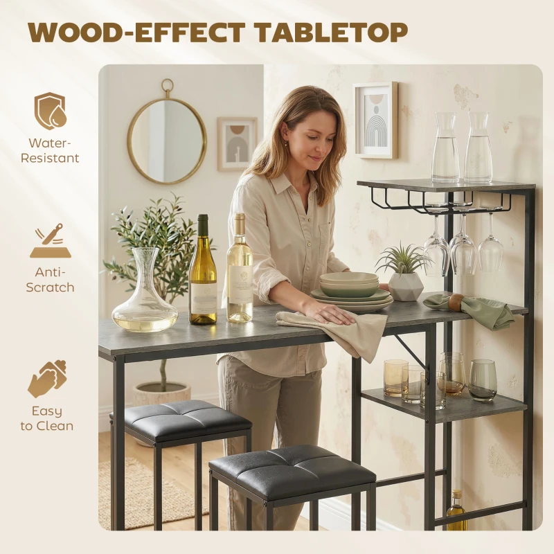 HOMCOM 3 Piece Breakfast Bar Table and Stools Set, Washed Grey