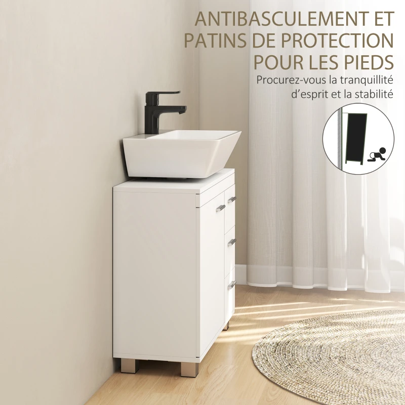 HOMCOM Meuble sous lavabo, meuble de salle de bain avec 3 tiroirs et porte à fermeture amortie, 70 x 30 x 64 cm, blanc