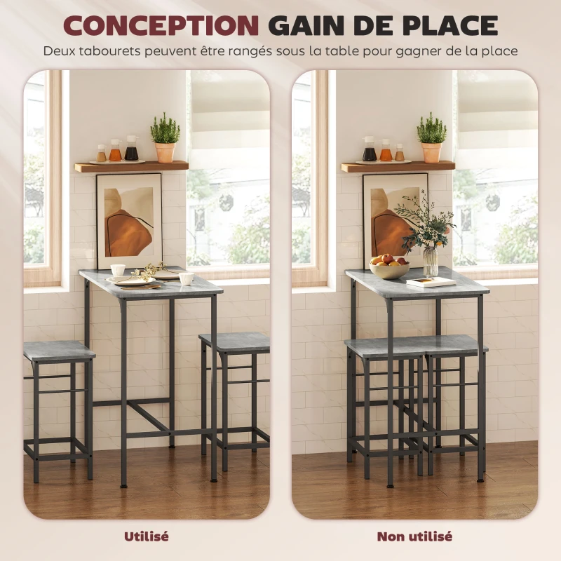 HOMCOM Ensemble table de bar avec 2 tabourets, cadre en acier pour cuisine, salle à manger et salon, gris