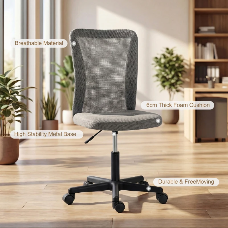 Vinsetto Computer Desk Chair, Mesh Office Chair with Adjustable Height and Swivel Wheels, Armless Study Chair, Grey