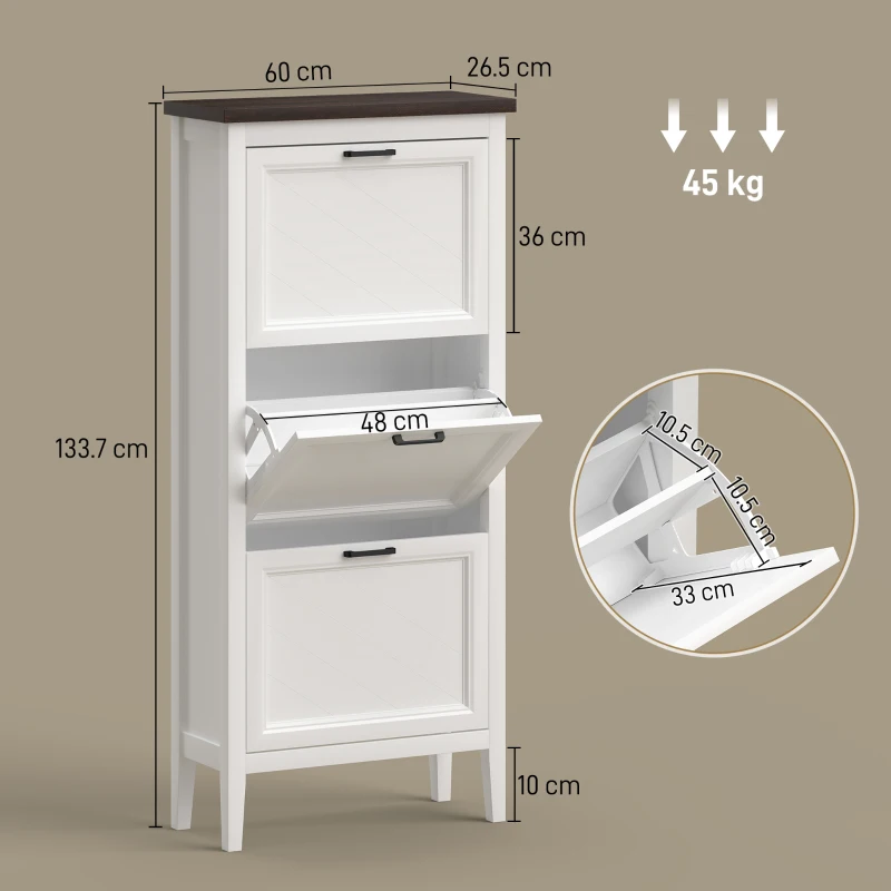 HOMCOM Scarpiera stretta 18 paia con 3 cassetti ribaltabili, Bianco