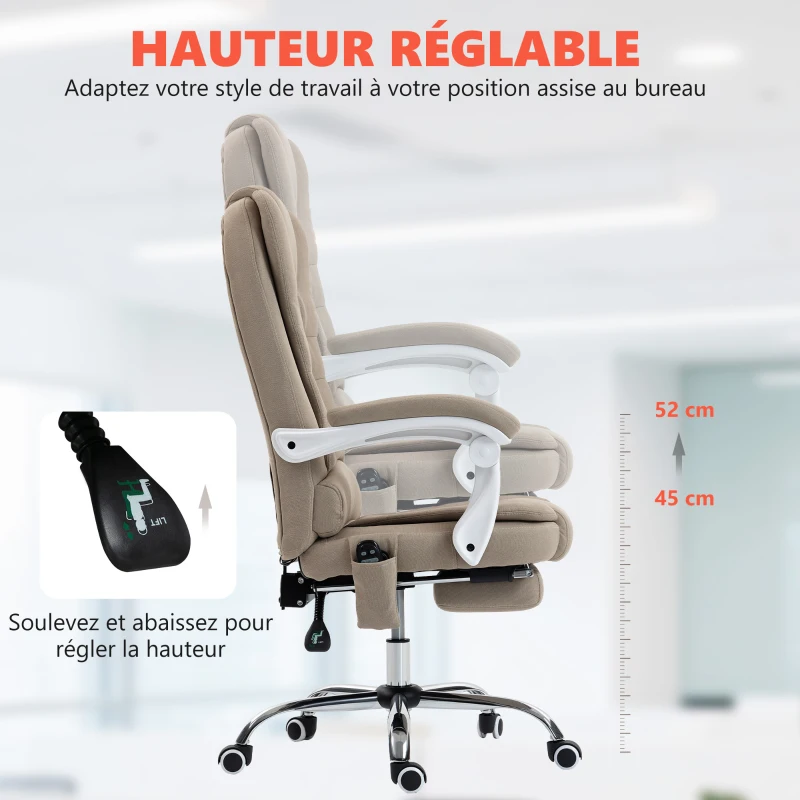 Vinsetto Fauteuil de bureau direction massant chauffant hauteur réglable dossier inclinable toile de lin beige