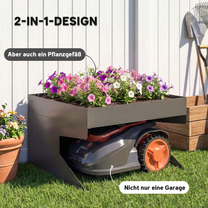 Outsunny Garage für Mähroboter mit Pflanzkasten, Robuste Garage aus galvanisiertem Stahl, Schwarz