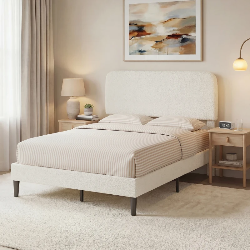 HOMCOM Cadre de Lit 140x190cm avec Sommier, Tête de Lit Réglable, Lit Double Rembourré en Velours Teddy, Lattes en Métal, Blanc