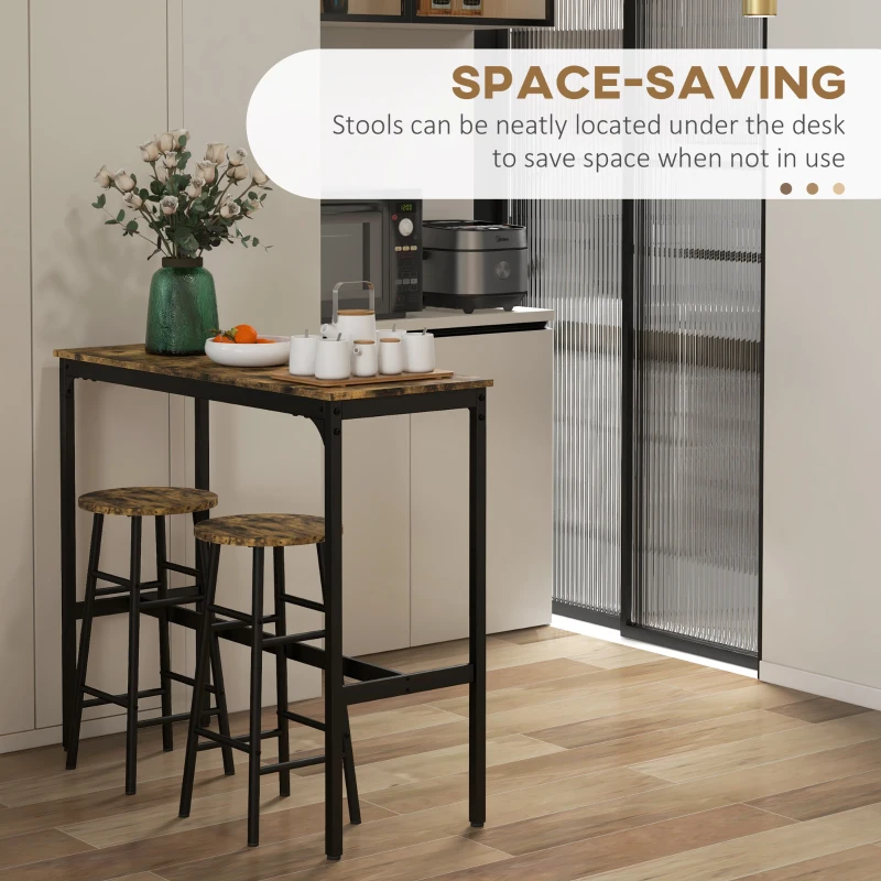 HOMCOM 3 Piece Bar Table Set with 2 Stools, Industrial Bar Table and Stool Set, Dining Table and Chair Set, Rustic Brown