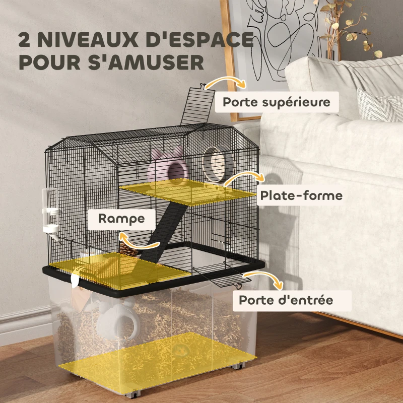 PawHut Cage hamster cage rongeur 3 étages avec roulettes plate-forme et échelle en fil d'acier 57 x 43 x 74 cm noir