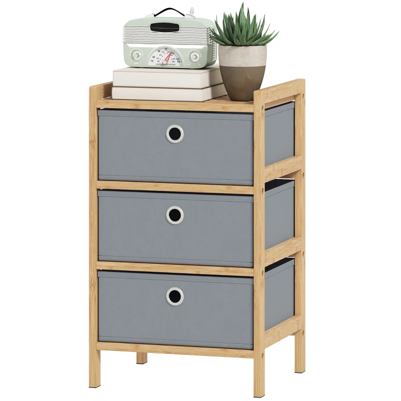 HOMCOM Chest of Drawers, 3 Fabric Drawers Narrow Dresser with Bamboo Frame, Light Grey