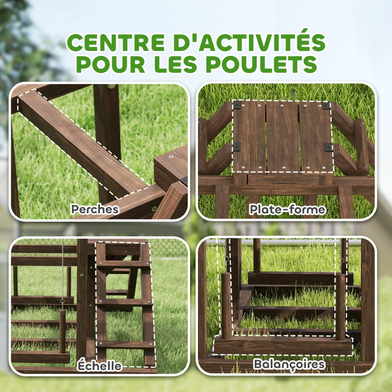 PawHut Aire de jeux en bois, Perchoir en bois pour poule, avec balançoire, échelle, plateformes, 82 x 60 x 55 cm, marron