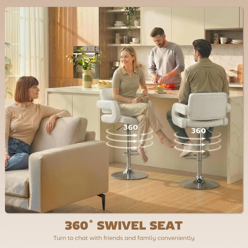 HOMCOM Bar Stools Adjustable Swivel Kitchen Chairs with Backrest Armrest Set of 2 PU Leather White