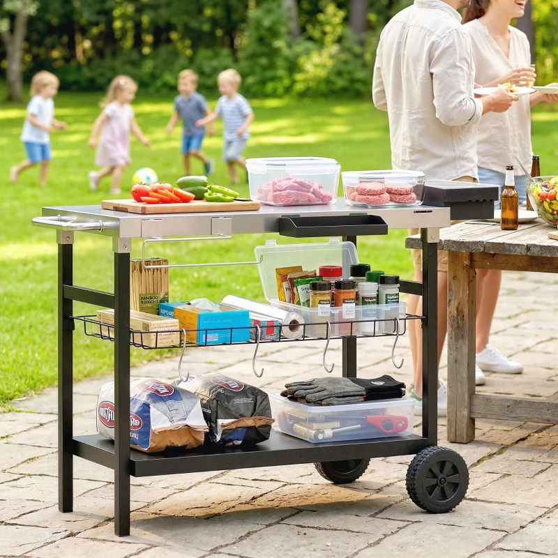 Outsunny Garten-Servierwagen mit 3 Ebenen, Edelstahl-Arbeitsfläche, Räder, Haken, abnehmbarer Korb, seitlicher Griff, 114x61x81cm, Schwarz