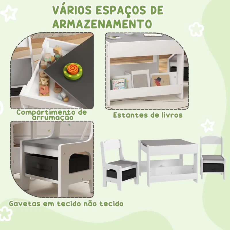 HOMCOM Conjunto de Mesa e 2 Cadeiras Infantis 2 em 1 com Ardósia Gavetas de Tecido e Espaço de Armazenamento para Quarto Cinza