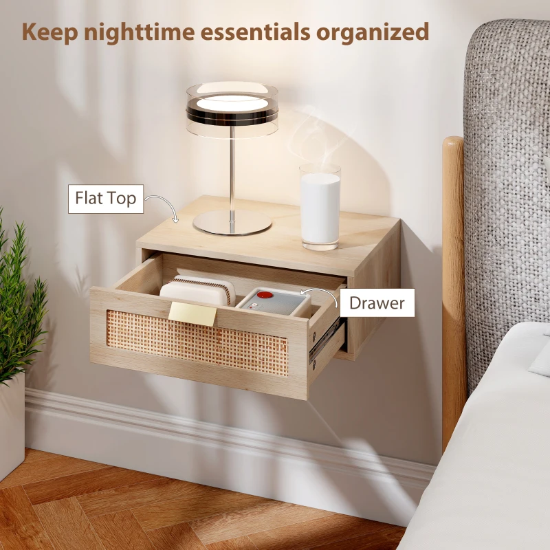 HOMCOM Floating Bedside Tables Set of 2, Wall Mounted Bedside Cabinets with Rattan Drawer and Wood Effect, Oak