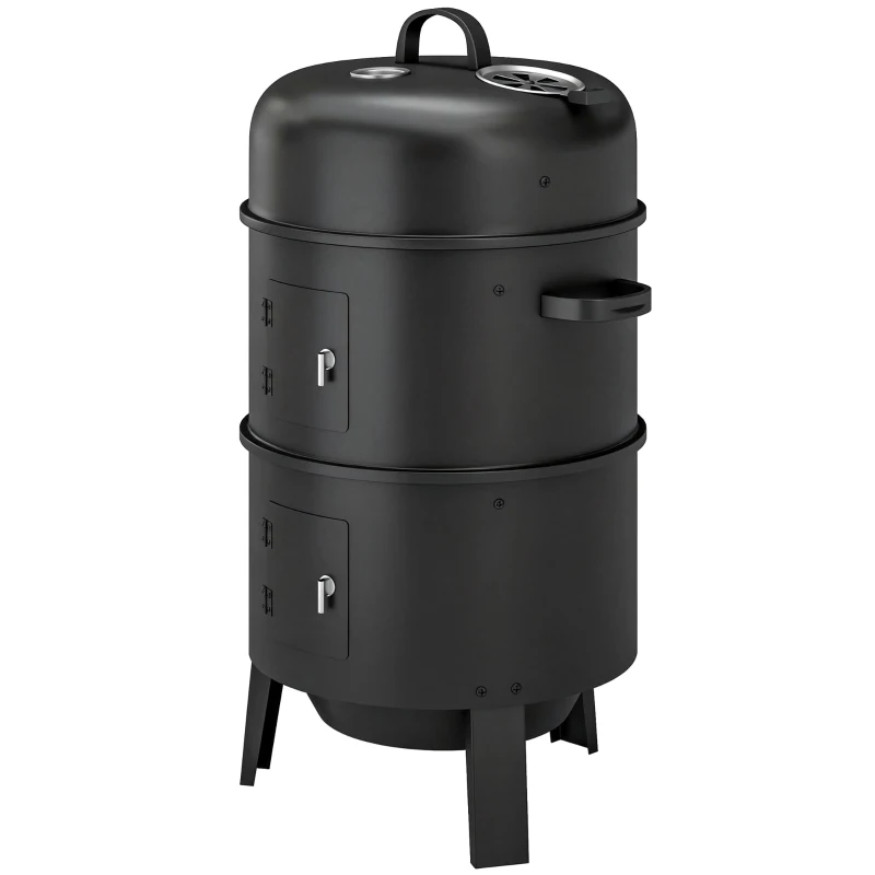 Outsunny 3-in-1 Vertical Charcoal Smoker with 2 Grill Grates, Built-in Thermometer, Adjustable Vent, 2 Doors