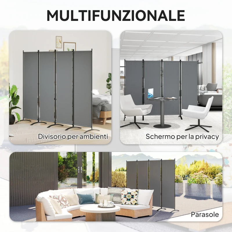 Outsunny Paravento da Esterno e Interno a 4 Pannelli Pieghevole, 221x50x172cm, Grigio Scuro