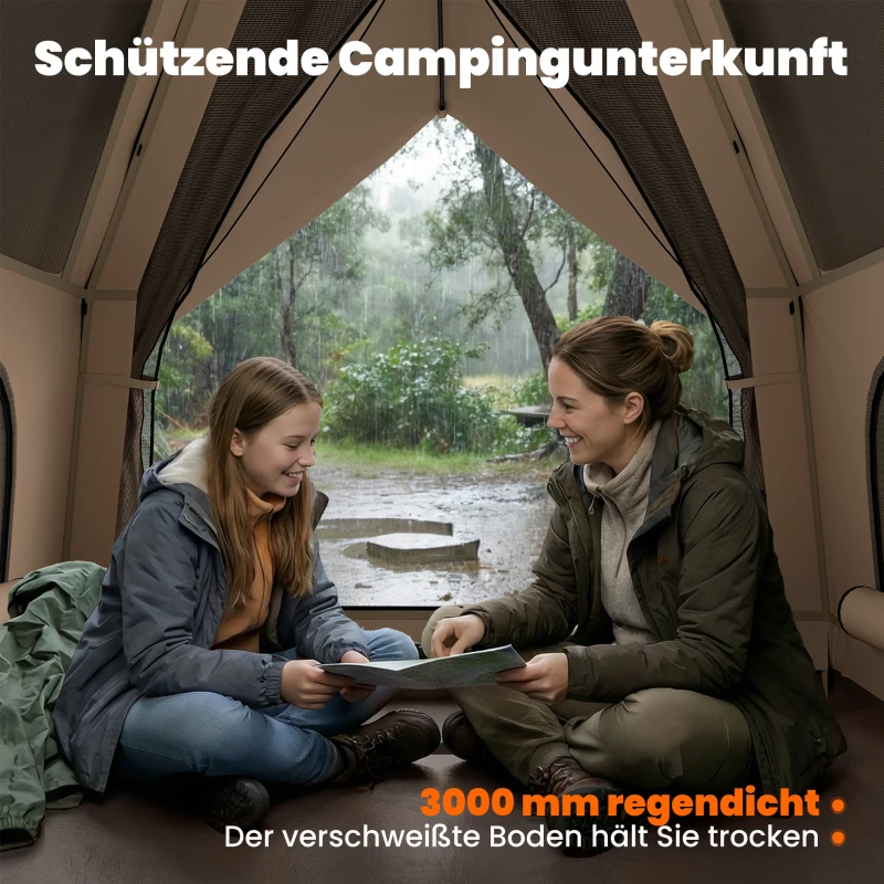 Outsunny Instant-Pop-Up-Zelt mit Regenschutz wasserdicht Kuppelzelt für 2-3 Personen mit Bodenplane 4 Fenster 235x235x184cm Khaki