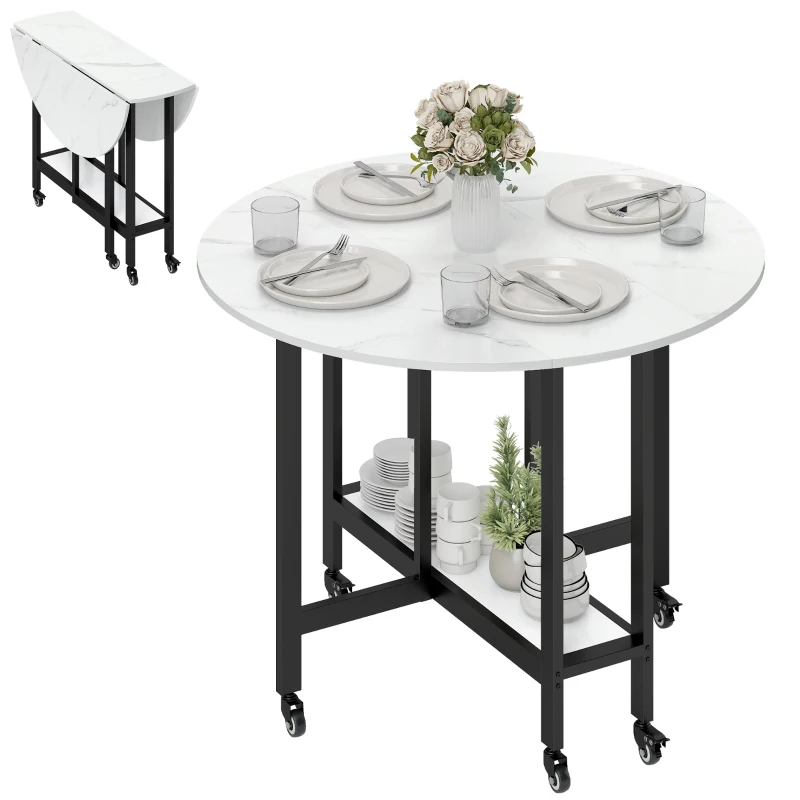 HOMCOM Folding Dining Table, Drop Leaf Table with Open Shelf, Rolling Kitchen Table for Dining Room, Small Spaces, White Marble