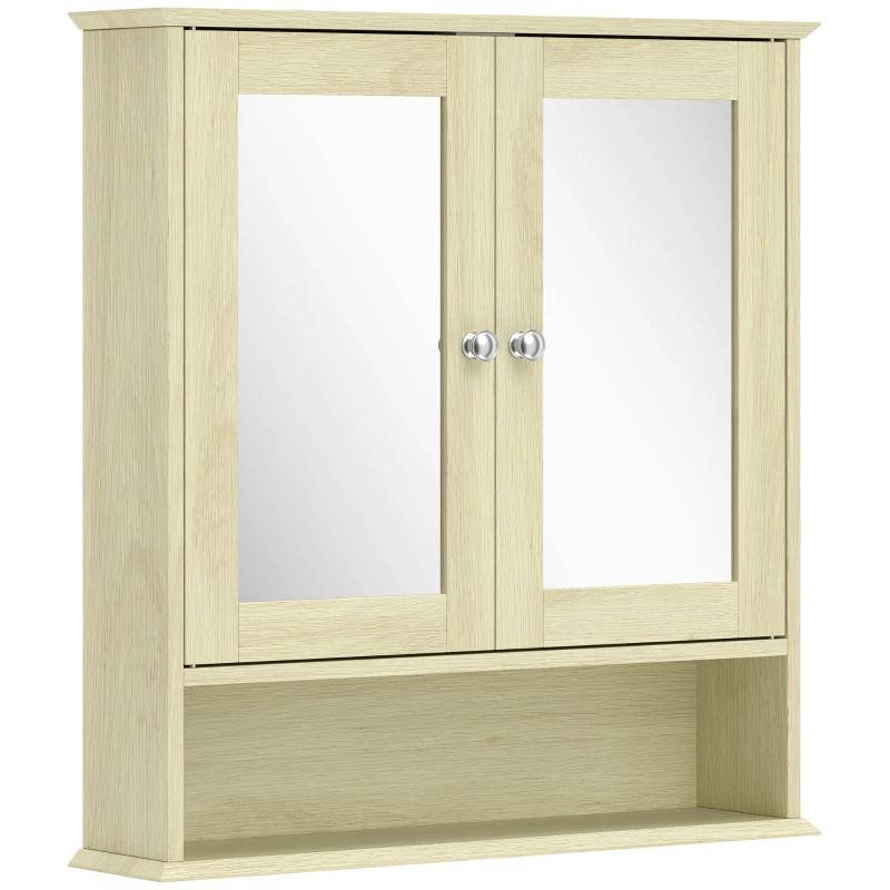 kleankin Armoire murale salle de bain avec miroir, 56 x 13 x 58 cm, meuble salle de bain avec Portes Miroir Doubles Bois Naturel