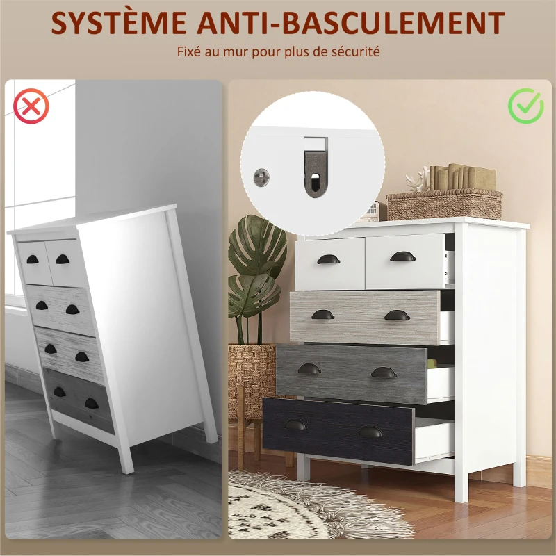 HOMCOM Commode 5 tiroirs meuble de rangement avec poignées, 70 x 38 x 85 cm, blanc