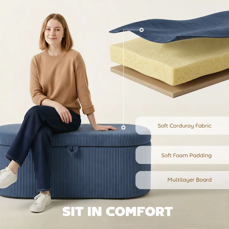 HOMCOM Storage Ottoman, Corduroy Upholstered Ottoman Storage Box with Padded Seat, 105 x 51 x 49 cm, Blue