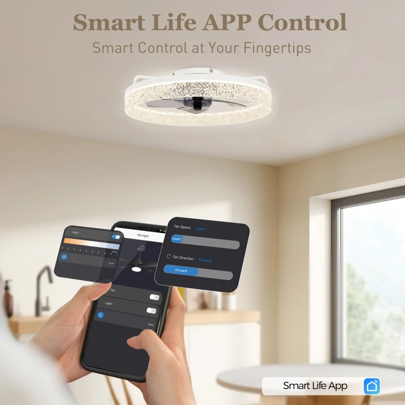 HOMCOM Ceiling Fan with Lights, Dimmable LED Mount Ceiling Fan Light with Remote App Control for Bedroom, White
