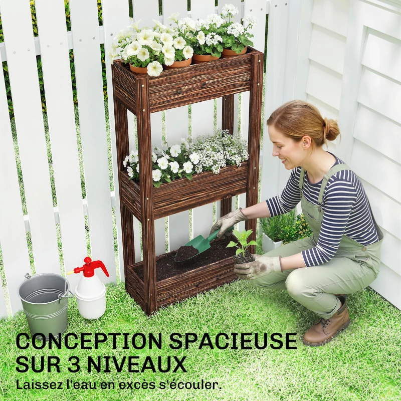Outsunny Bac à Plantes Surélevé Jardinière sur Pieds 3 Niveaux Trous de Drainage et Doublure 60 x 25 x 120 cm, Marron