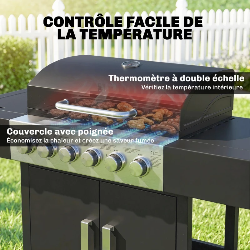 Outsunny Barbecue à gaz 6+1 brûleurs, chariot d'extérieur avec roues, grille de maintien au chaud, thermomètre, étagères latérales, noir