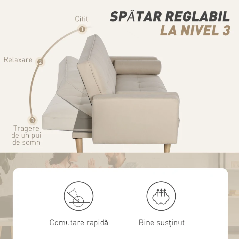 Homcom Canapea Extensibilă 2‑în‑1, 3 Locuri, Material Din In și 2 Perne Detașabile, Bej(m-5)