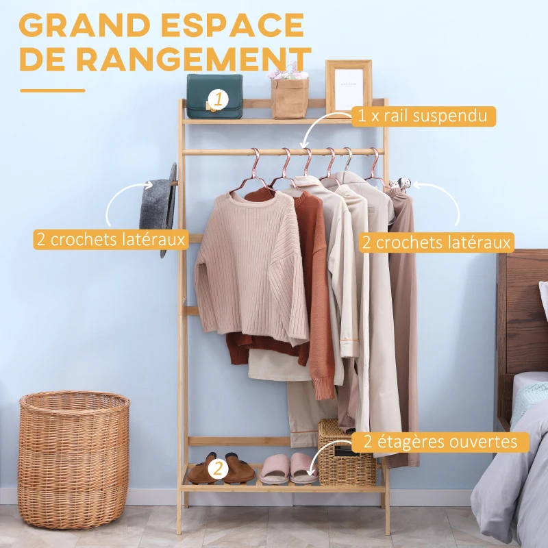 HOMCOM Bamboo Clothes Rack with 2 Shelves 2 Hooks and 1 Hanging Rail - 82 x 36.8 x 140 cm