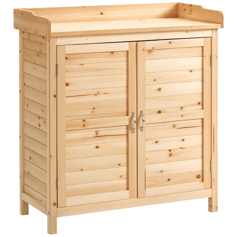 Outsunny Garden storage cabinet for tools freestanding cupboard with double doors and internal shelf pre-oiled solid pine dim. 83L x 40l x 92H cm natural